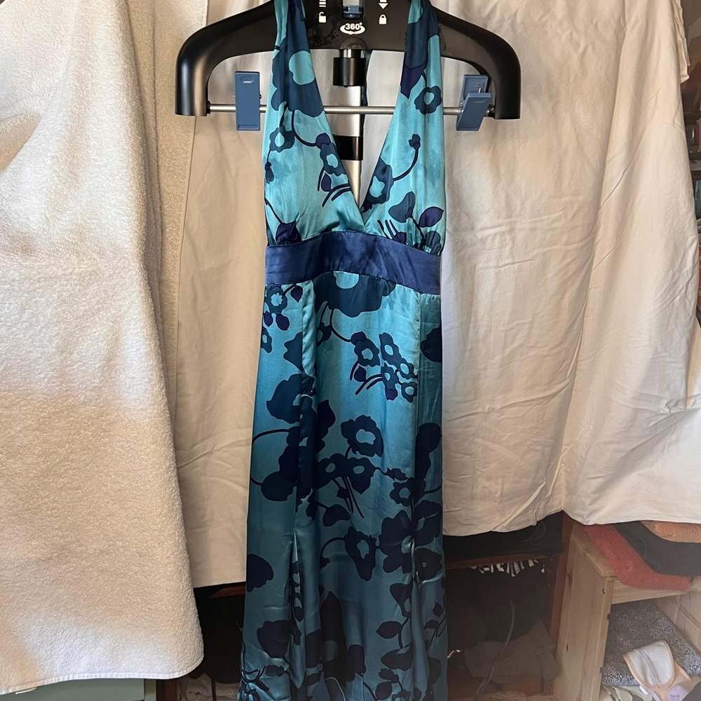 Teal Blue Floral Silk Halter Dress